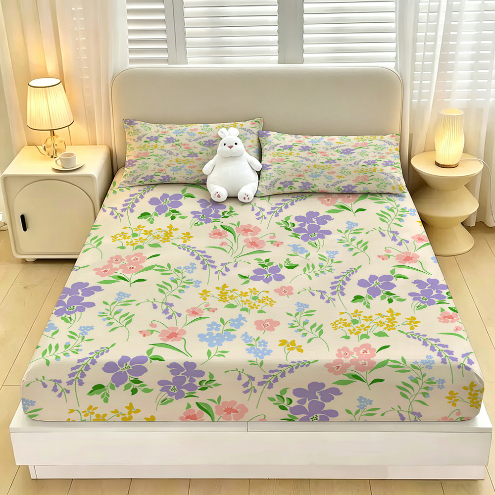 Fitted Bed Sheets Deep Pocket - طقم ملاءة سرير ملونة بتصميم الزهور،